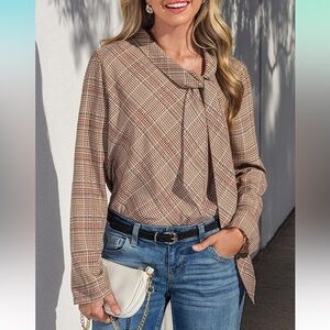 Cupshe Tan and Brown Tie Front Long Sleeve Blouse